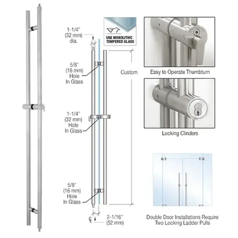 CRL LLPA120BBS Brushed Stainless LLPA Series Custom Length Up To 120" Ladder Pull - Lock Up & Down