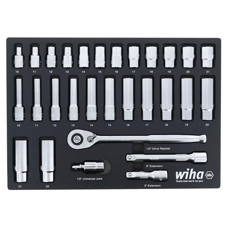 WIHA 33395 27 Piece 1/4 Drive Professional Socket Tray Set - Metric