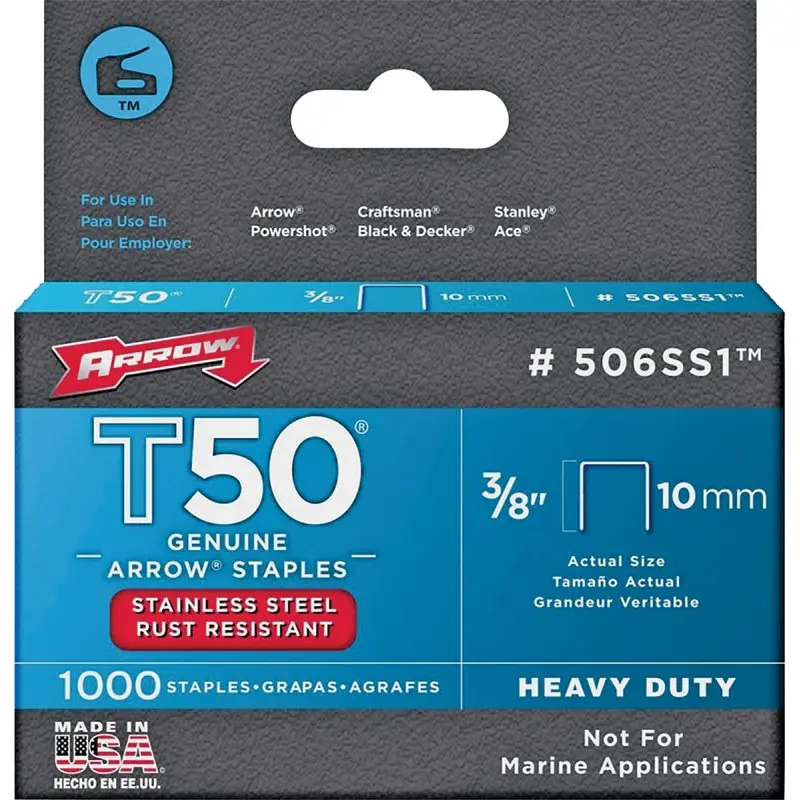Arrow T50 Series 506SS1 Staple, 3/8 in W Crown, 3/8 in L Leg