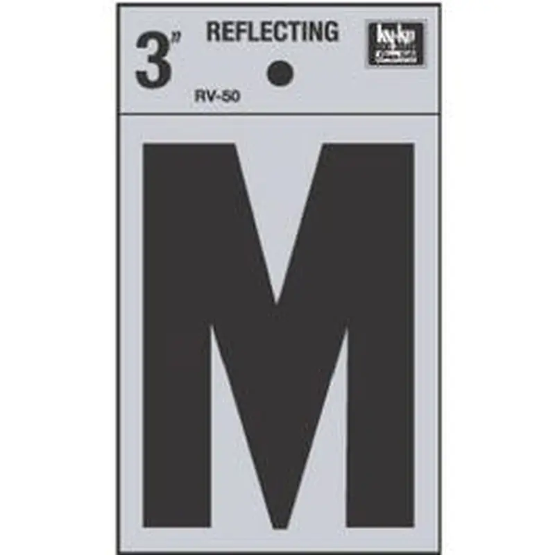 Address Letters, "M", Reflective Black/Silver Vinyl, Adhesive, 3-In.