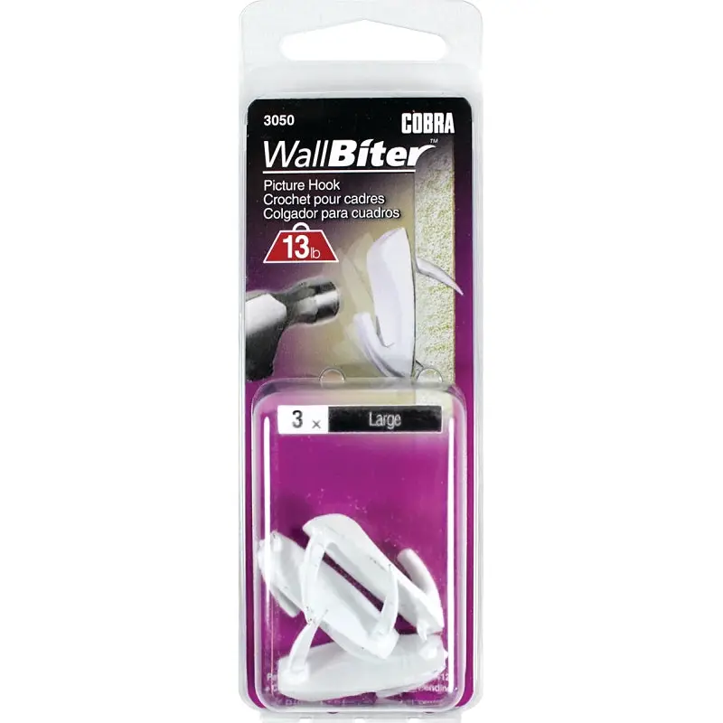 Cobra Anchors WallBiter 3050 Picture Hook, 13 lb, White, 3/PK