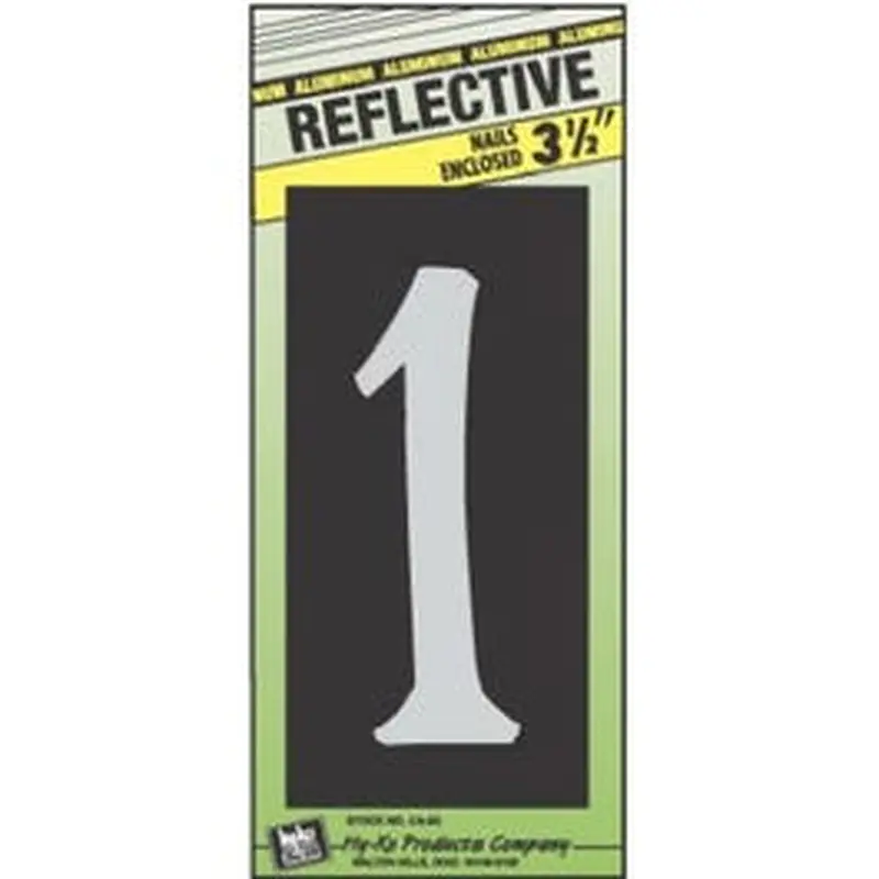 House Address Number "1", Reflective Aluminum, 3.5-In. On 5-In. Black Panel