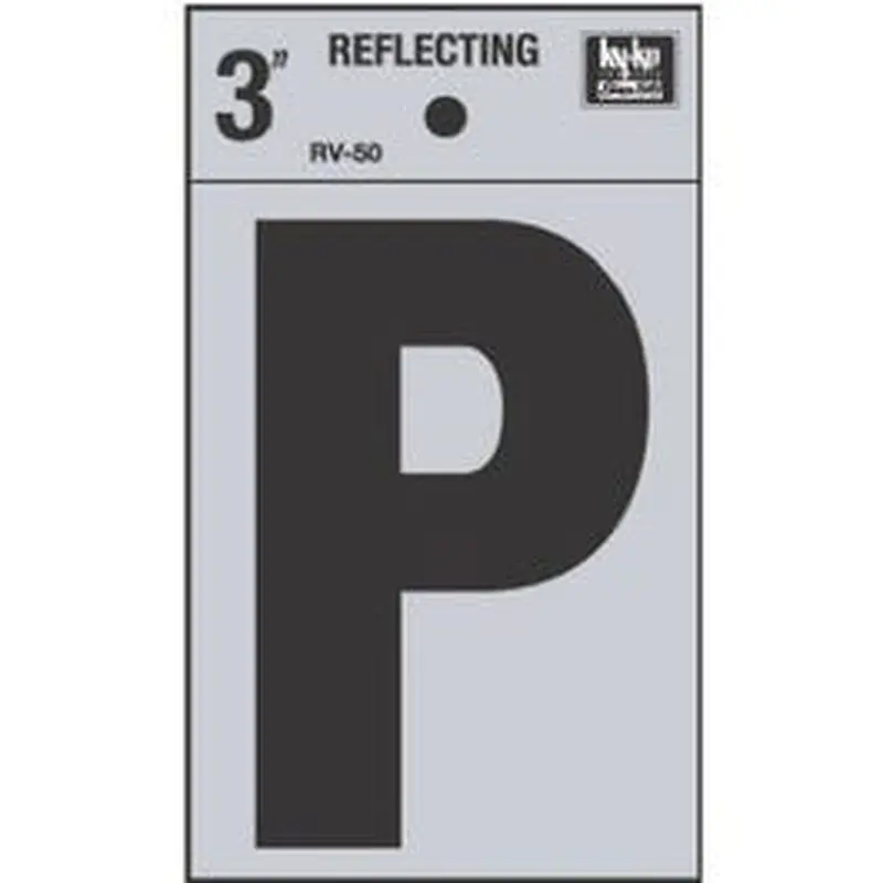 Address Letters, "P", Reflective Black/Silver Vinyl, Adhesive, 3-In.