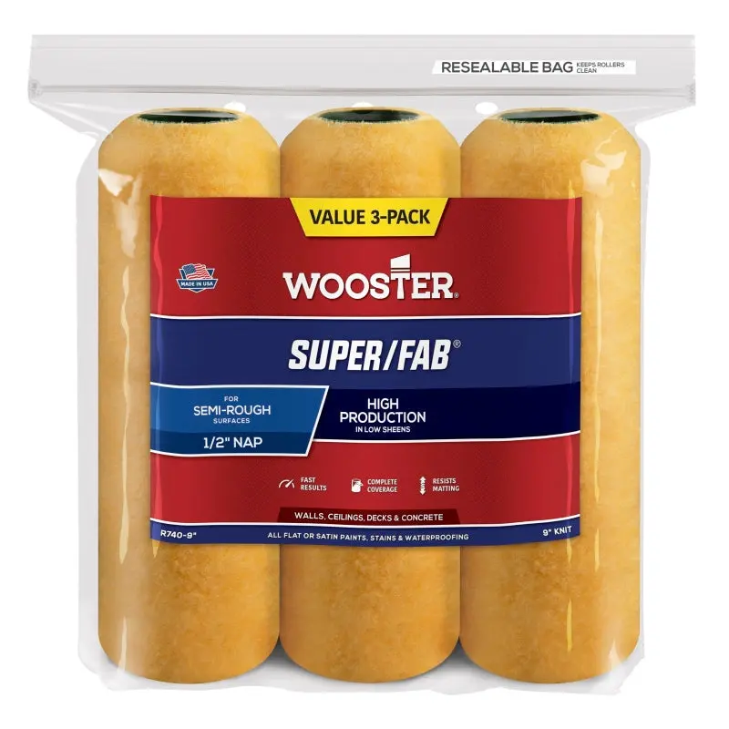 Wooster R740-9 Roller Cover, 1/2 in Thick Nap, 9 in L, Fabric Cover, Gold/Yellow